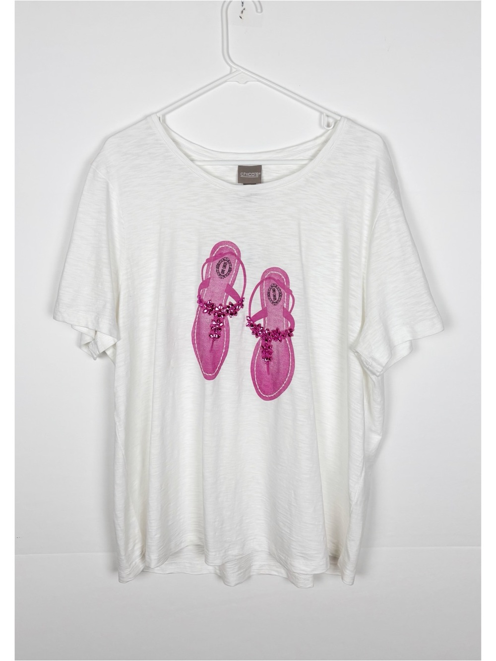 Chico’s T Shirt White Short Sleeve Pink Beaded Flip Flop Graphic Size 4 XXL